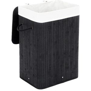 wasmand van bamboe, opvouwbare wasbak met deksel en afneembare waszak van katoen, 72 L wasbox, waskist, 40 x 60 x 30 cm, zwart LCB10B