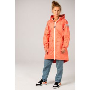 Ducksday - Regenjas Dames - Waterdicht - Parka met Capuchon - Reflecterend - Half Lang Model - Gevoerd - Koraalrood - Maat Large - 40/42