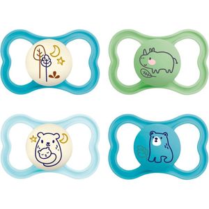Air Day & Night siliconen fopspeen set van 4 - 16+ maanden - tandvriendelijk - babyfopspeen - extra licht - luchtig schilddesign - fopspeenbox - effen - blauw