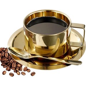 Set van Dubbelwandige RVS Koffiekopjes met Lepel en Schotel – 200ml Goud