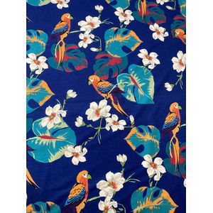 Viscose tricot coupon blauw met vogels en bladeren 150 cm x 150 cm 95% viscose 5% elesthan