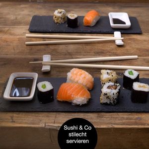 Sushi Set met Dipschalen - 10-delig Sushi Servies Set voor 2 personen - Leistenen Platen met Stokjes en Leggers Dipschalen en Leistenen Borden