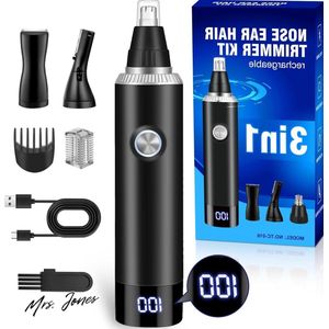 Mrs. Jones Neushaartrimmer 3 in 1 USB oplaadbaar pijnloos oortrimmer LED-scherm waterdicht heren dames Zwart .