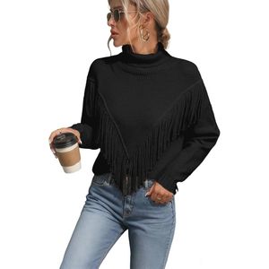 Lange coltrui dames met franjes - warme, slim fit pullover met lange mouwen