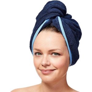 Haartulband van 100% biologisch katoen, tulband, handdoek met knoop, dames en heren, marineblauw/blauw