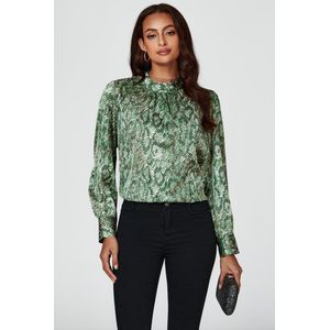 Satijnen top met lange mouwen en hoge hals en dierenprint in groen