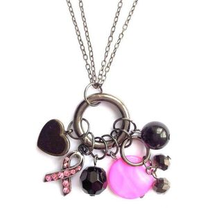 Jewellicious Designs Antra & Pink Beauty multi ketting voor Pink Ribbon - 7 hangers - clip sluiting - antraciet roze