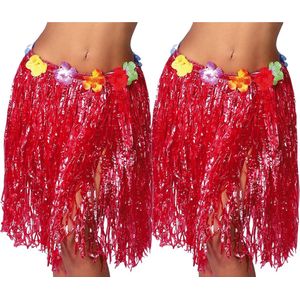 Toppers - Fiestas Guirca Hawaii verkleed rokje - 2x - voor volwassenen - rood - 50 cm - hoela rok - tropisch