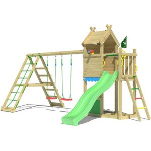 Jungle Gym speeltoestel van grenen hout - Jungle Resort met groene glijbaan - Tuin speeltoestel voor buiten met zandbak, speelhuisje en schommels