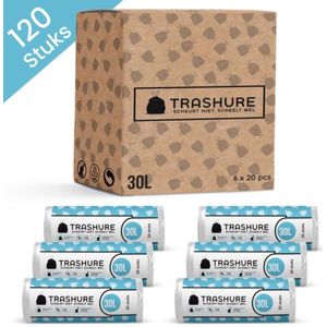 Trashure - Vuilniszakken - Code O - 30L - Geschikt voor Brabantia prullenbak - 6 rollen x 20 stuks - 30 liter met trekbandsluiting