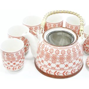 Kruidenthee Servies - Roze - Theepot Met Metalen Zeef + 6 kopjes