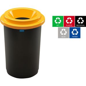 Plafor Eco Bin Ronde Prullenbak voor afvalscheiding - 50L – Zwart/Geel - Inclusief 5-delige Stickerset - Afvalbak voor gemakkelijk Afval Scheiden en Recycling - Afvalemmer - Vuilnisbak voor Huishouden, Keuken en Kantoor - Afvalbakken - Recyclen