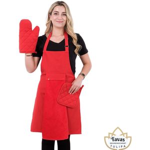 Tulipa rode Keukenschort Set van 5 met rode Handdoek en Ovenwanten Pannenlappen Professioneel Verstelbaar Kookschort BBQ Schort Horecakwaliteit Schorten voor vrouwen One Size Fits All