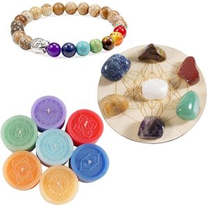 Healing Seven Chakra Kaarsen Set met Kristallen Ruwe Stenen - Pocket Steen en Houten Kraal Armband - Elastische Kleurrijke Kralen - Boeddha Hoofd Armband voor Yoga en Meditatie - Cadeau Idee