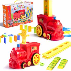 Playos® - Domino Trein - Rood - met 80 stenen - Locomotief - Licht en Geluid - Domino Stapelaar - Dominostenen - Speelgoedtrein - Bouwblokken - Automatisch Domino Bouwen - Educatief Speelgoed