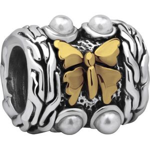 Quiges - 925 - Zilveren - Bedels -Sterling zilver - Beads - 14 Karaat Verguld Vlinder met Kunstparel Kraal Charm - Geschikt – voor - alle bekende merken - Armband Z476