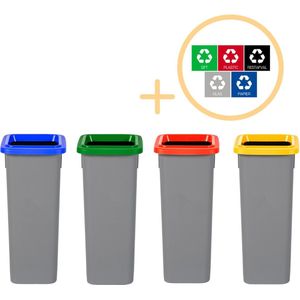 Plafor Fit Bin Prullenbak 20L – Set van 4 - Blauw/Groen/Rood/Geel + Sticker Set