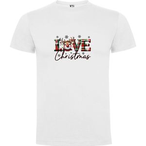 Wit T-Shirt met “Kleurrijke Love Christmas met grappig Rendier “ Print Full Color Maat S