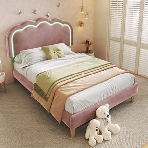 Sweiko gestoffeerd bed LED eenpersoonsbed 90 x 200cm, bedombouw met lattenbodem en verstelbaar hoofdeinde, gestoffeerd bed in roze, bedombouw jeugdbed voor slaapkamer logeerkamer fluweel