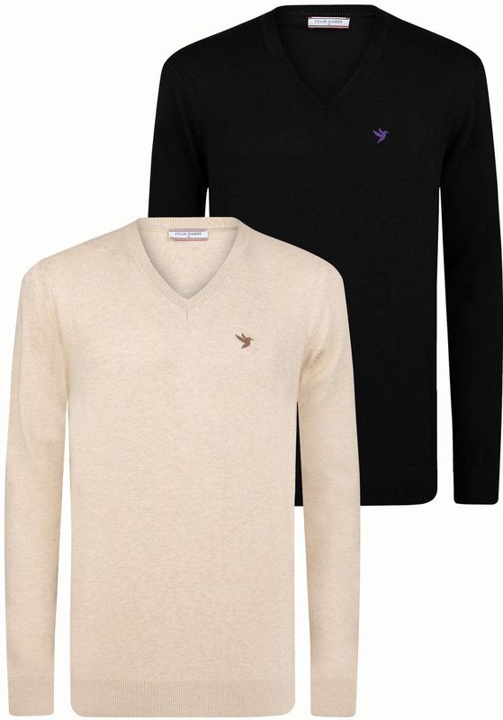 Felix Hardy - Classic V-Neck Knit Sweater - Beige-Zwart - 2 Pack - 100% Katoen - Heren