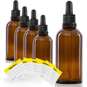 Oputec 5 x 100ml pipetfles bruin glas – doseerfles met glazen pipet + etiketten – aromatherapie, cosmetica & laboratorium
