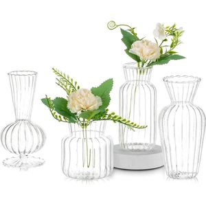 Glazen vaas voor bloemen, set van 4 smalle hals, knopen, vaas, moderne zoete PEA vaas voor tafeldecoratie, interieurdecoratie, bruiloft