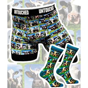 Untouched Cow Boxer + sokken - L - 39-42 - Cadeau set - Sock my Feet - Vaderdag - Duurzaam - koeienprint - leuk cadeau -