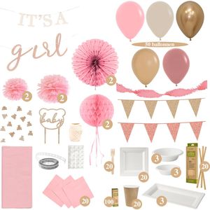 It's a Girl Pakket - Feest Versiering - Geboorte - Meisje - Geboren - Roze - Ballonnen - Slingers - Hangdecoratie - Ballonnenboog - Uitgebreide Set - Tafelbenodigdheden