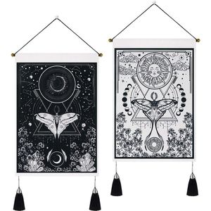 Mysterious Garden Flowers, 2-delige set kleine wandtapijten met kwasten, maan en zon, vlinder motte tarot wandtapijt, wandtapijt, zwart en wit, wanddoek, 35 x 50 cm