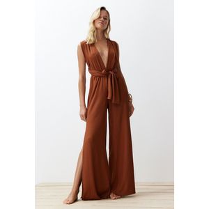 Trendyol Bruine Saksische Geweven Rugloze Strandjumpsuit Met Knoopjes Tbess23Tu00010
