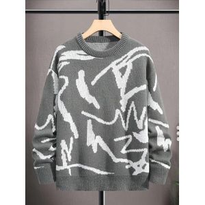 Heren Geometrische Grafische Print Gebreide Pullover, Casual Lange Mouw Ronde Hals Trui Voor Herfst Winter