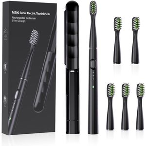 Elektrische tandenborstel, Sonic type voor volwassenen en tieners, 6 borstelkoppen, reisetui, 3 standen, 40000 VPM elektromotor, IPX7 waterdicht, draagbare elektrische tandenborstel met 6 borstels, holle cup lange batterijduur, zwart