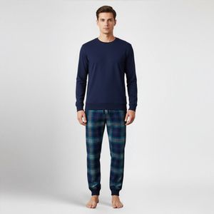 La V pyjamaset voor heren met geruite flanel broek met V hals top Donkerblauw S