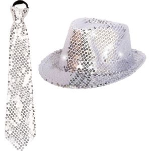 Folat Verkleedkleding set zilver LED light hoedje/stropdas volwassen