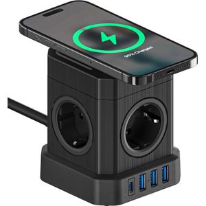 8 Way Power Strip with Wireless Charger and USB Ports - Surge Protected (4000W, Black)