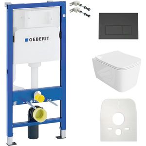 Inbouwreservoir Complete Toiletset Geberit Duofix Basic - Inbouw WC Hangtoilet Wandcloset MURYA Wit Hoogglans - Bedieningsplaat DELTA Zwart - Voorwandelement - Installatiesysteem