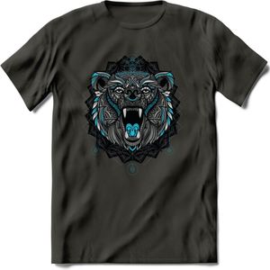 Beer - Dieren Mandala T-Shirt | Lichtblauw | Grappig Verjaardag Zentangle Dierenkop Cadeau Shirt | Dames - Heren - Unisex | Wildlife Tshirt Kleding Kado | - Donker Grijs - XXL