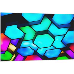 Vlag - Verschillende Neon Kleurige Hexagons tegen Zwarte Achtergrond - 105x70 cm Foto op Polyester Vlag