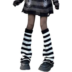 Gestapelde sokken - Uitlopende sokken - Gestreepte gebreide sokken - Herfst/winter kuit - Boven de knie - Wijde pijpen - Warm - Gebreide fleece - Strepen - Zwart en wit