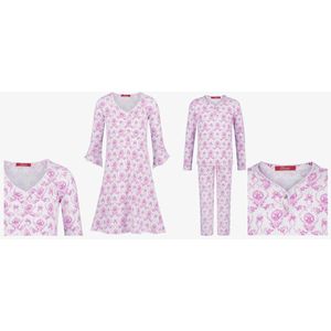Luxe mooie zacht roze Girly Pyjama Set van Hanssop met verfijnde rand details en luxe knoop sluiting, Meisjes pyjama, roze bloem print, maat 116