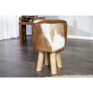 Design kruk HIDE 45cm bruin wit met geitenleer en teak - 35441