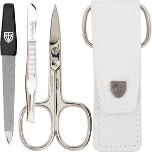 Manicure Set Hoogwaardige Manicure Pedicure Set in Echt Leer Nageletui Kleur Wit met Nagelschaar Pincet Saffier Nagelvijl - Made in Germany