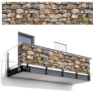 Balkonscherm 500x130 cm - Balkonposter Stenen - Beige - Grijs - Planten - Balkon scherm decoratie - Balkonschermen - Balkondoek zonnescherm