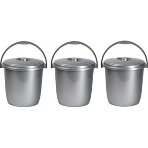 3x Afsluitbare emmers met deksel 15 liter zilver - Afval scheiden - Afvalemmer/vuilnisemmer - Luieremmer - Schoonmaken/reinigen - Wasemmer