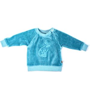 MXM Baby trui- Blauw- velours- Sweater- Katoen- Borduursel- Haas- Turquoise- Maat 74