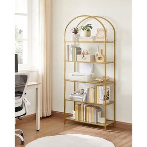 Glazen Vitrinekast Goud – 5 Planken – Gepoedercoat Staal – Boekenrek – Badkamerkast – Opbergrek – Modern Design – Stabiel Frame – Voor Woonkamer, Slaapkamer, Keuken, Thuiskantoor