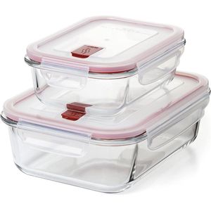 Set van 2 voedsellunchboxen (0,64 l en 1,5 l), glas, luchtdicht, clipdeksel, BPA-vrij, magnetron, oven, vriezer en vaatwasserbestendig, rode kleur