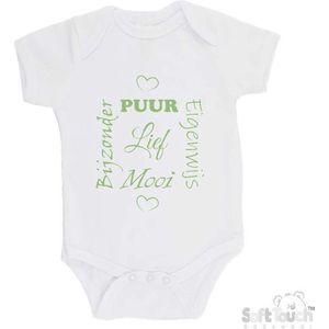 100% katoenen Romper ""Puur Eigenwijs Mooi Bijzonder Lief"" Unisex Katoen Wit/sage green (saliegroen) 62/68
