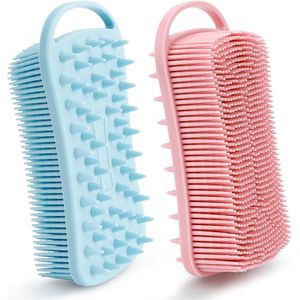 Siliconen lichaamsscrubber, 2-in-1 zachte siliconen loofah 2-pack exfoliërende lichaamsscrubber loofah voor vrouwen en mannen, bodyscrubber douchebad shampoo borstel met lus voor de gevoelige huid, schuim goed, roze en blauw