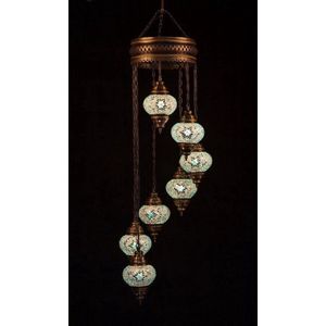 Hanglamp 7 bollen glas mozaïek beige blauw Turkse oosterse lamp Marokkaanse kroonluchter